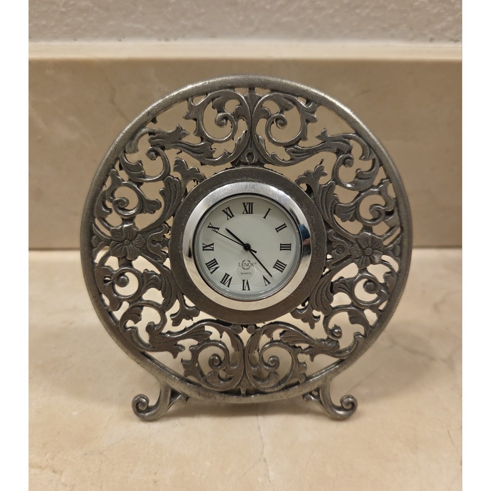 Lenox Miniature Quartz Clock In Kirk Stieff Pewter 3.75" Round W/Floral Design
